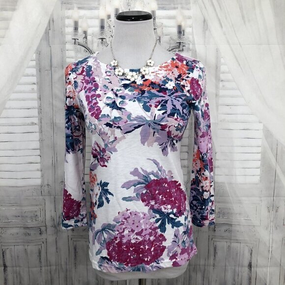 Joules Top US 2 Floral Striped 3/4 Sleeve Shirt White Pink 100% Cotton Pullover - Picture 1 of 12